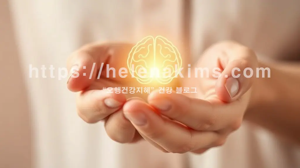 고요하고 따뜻한 색감의 배경에, 손가락 사이로 희미하게 빛나는 연두색 빛이 퍼지며, 뇌의 윤곽선이 섬세하게 표현되어 지식과 희망을 상징한 모습.