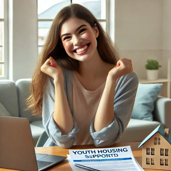 주거 지원 승인 문서를 보며 안도하며 미소 짓는 젊은 여성의 밝은 실내 초고해상도 사진