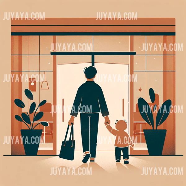 육아휴직 활용법 : 육아휴직을 마친 부모가 아이와 손을 잡고 사무실 건물로 들어가는 장면. 간결한 배경과 따뜻한 색감으로 표현된 웹툰 스타일.