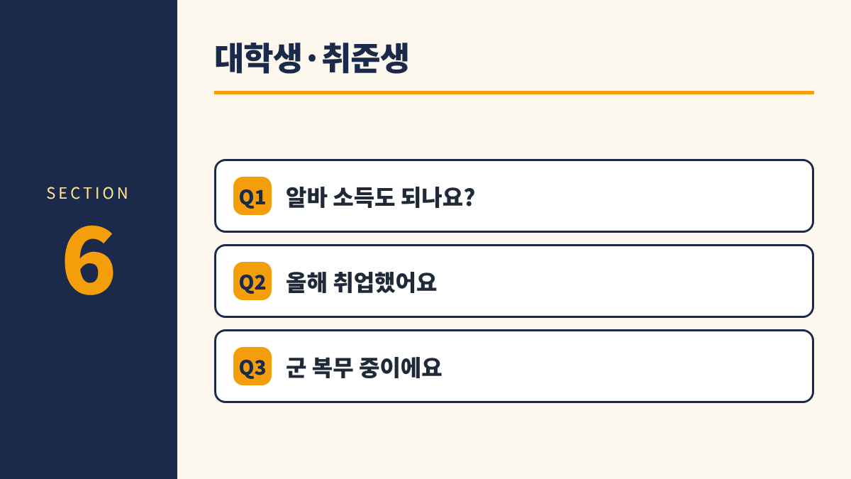 청년미래적금 직업별 가입 6. 대학생&middot;취준생 - 알바 소득도 되나요?, 올해 취업했어요, 군 복무 중이에요