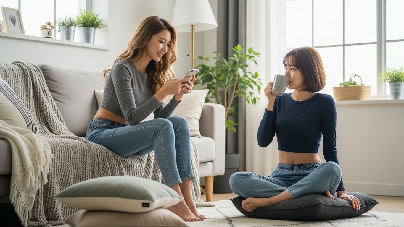 집에서 쉬는 여성들