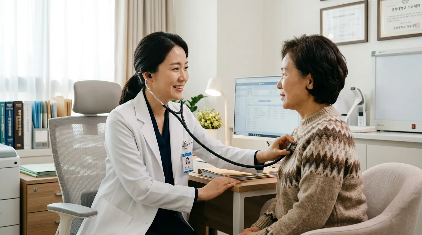 청진기를 들고 환자와 상담하는 의사의 진료실 장면