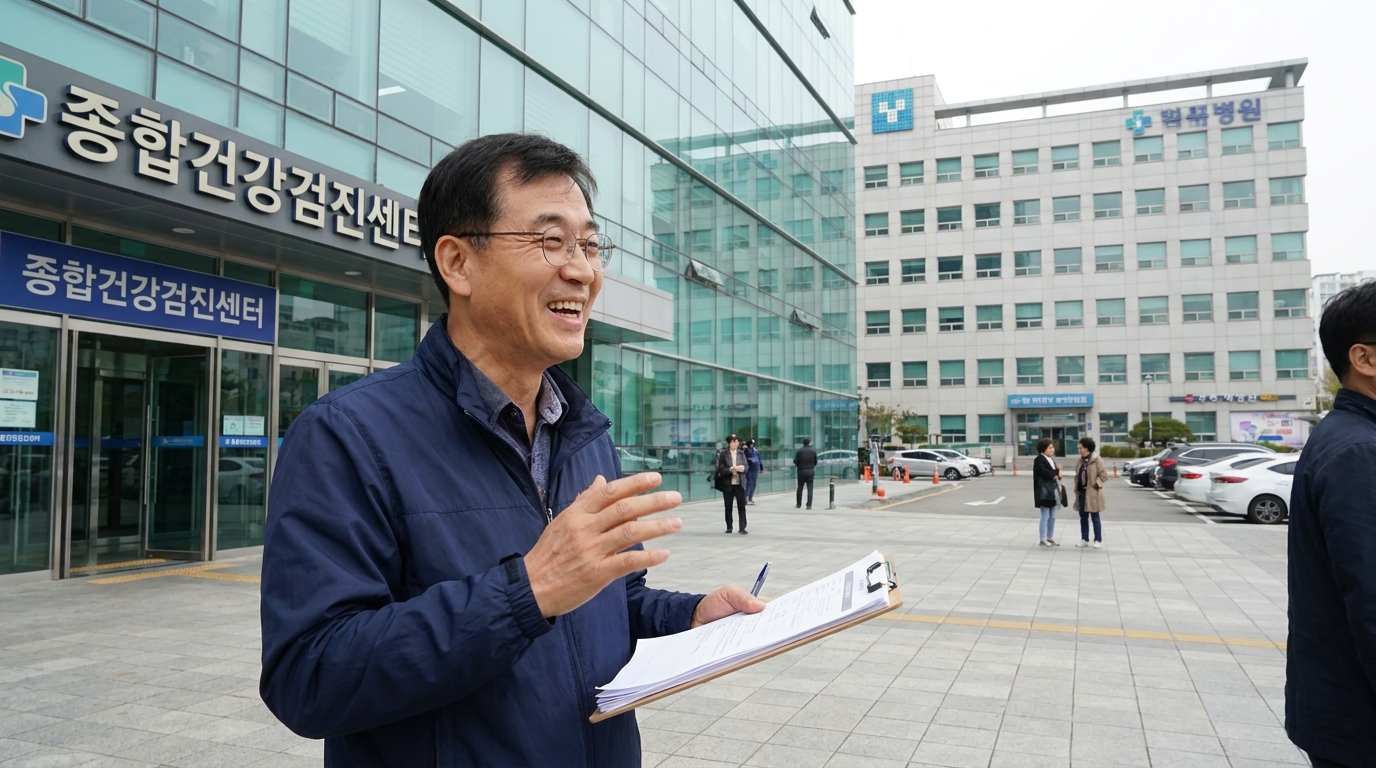 2026년 국가 건강검진 대상자 조회를 확인하고 기뻐하는 한국인 중년 남성