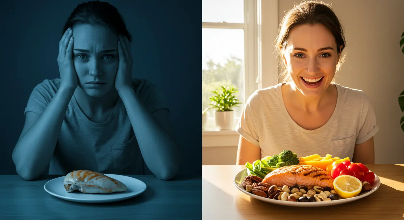우울한 표정으로 닭가슴살을 바라보는 여성과 밝은 미소로 연어와 견과류가 포함된 영양 균형 식단을 즐기는 여성의 대비 이미지