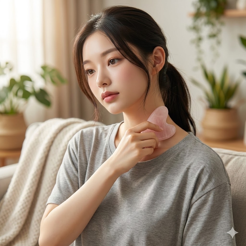 괄사를 이용해 자신의 목을 마사지 하는 여성 사진