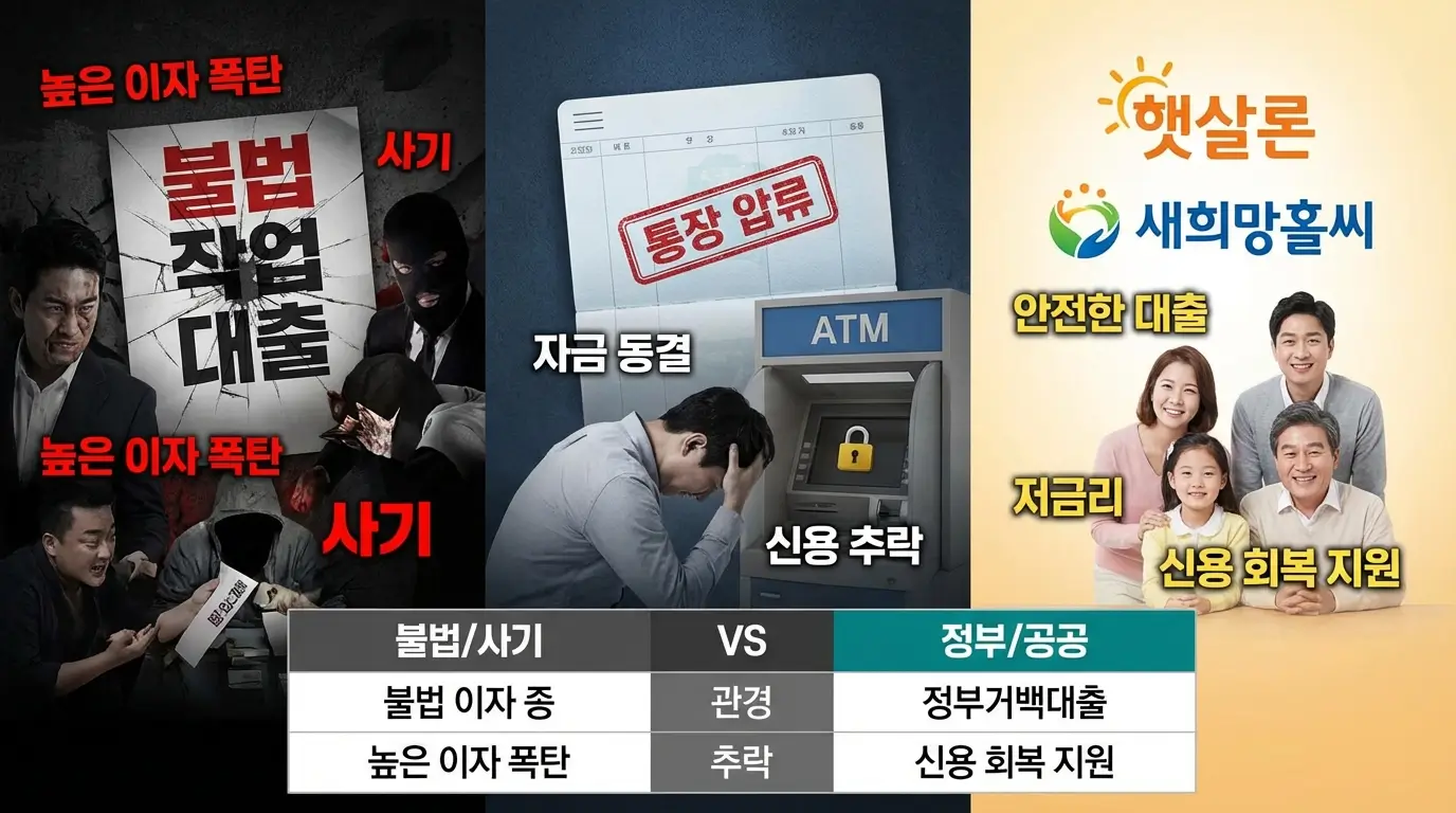 불법 작업 대출의 위험성과 통장 압류의 공포, 그리고 이를 해결하기 위한 정부 지원 서민 대출 대안 비교