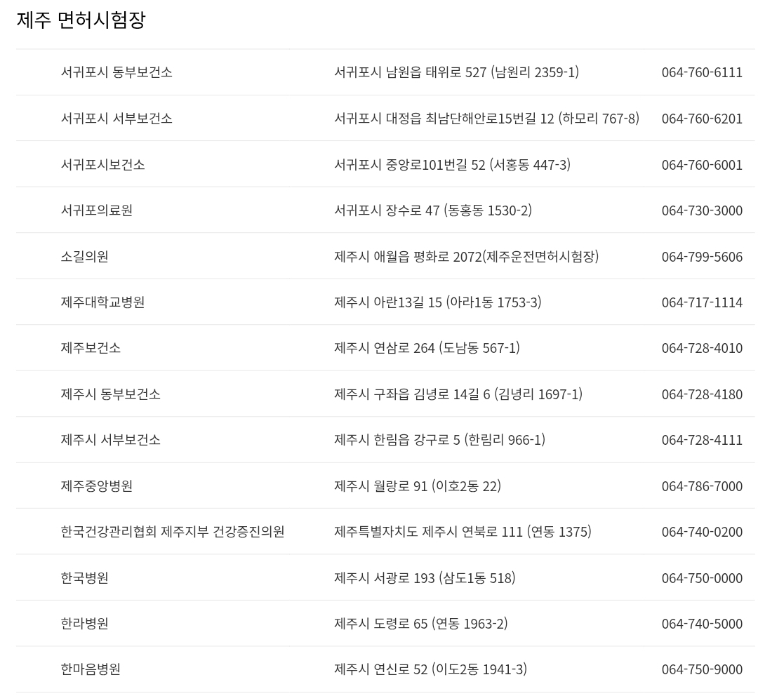 제주 운전면허시험장 신체검사서 발급기관 주소, 연락처 등 안내
