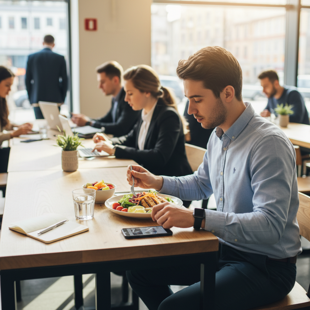 점심시간에 가볍게 식사를 하는 직장 초년생의 일상 모습
