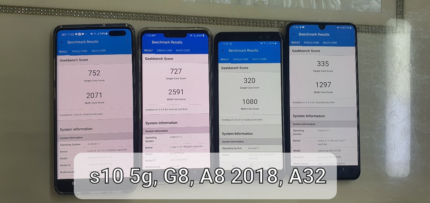 긱벤치 점수 비교(s10 5g, g8, a8 2018, a32)