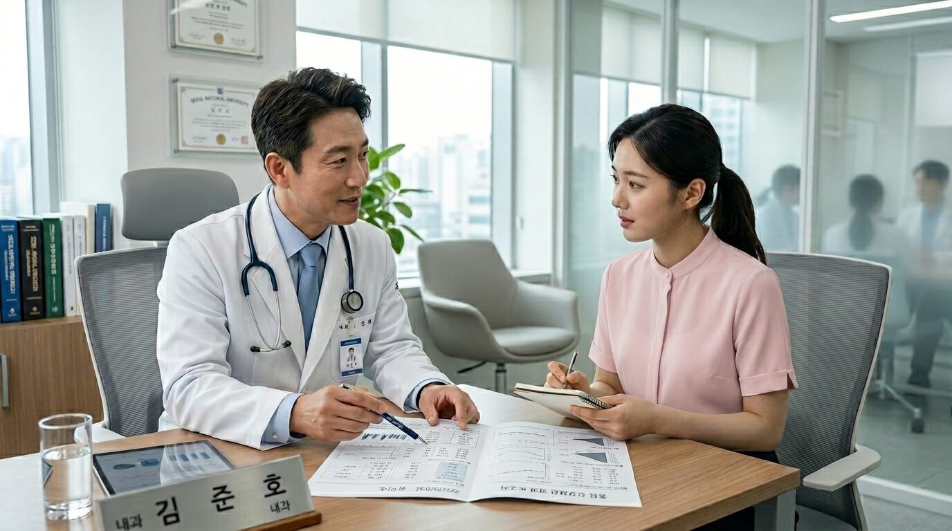 건강검진 결과표를 설명받는 직장인