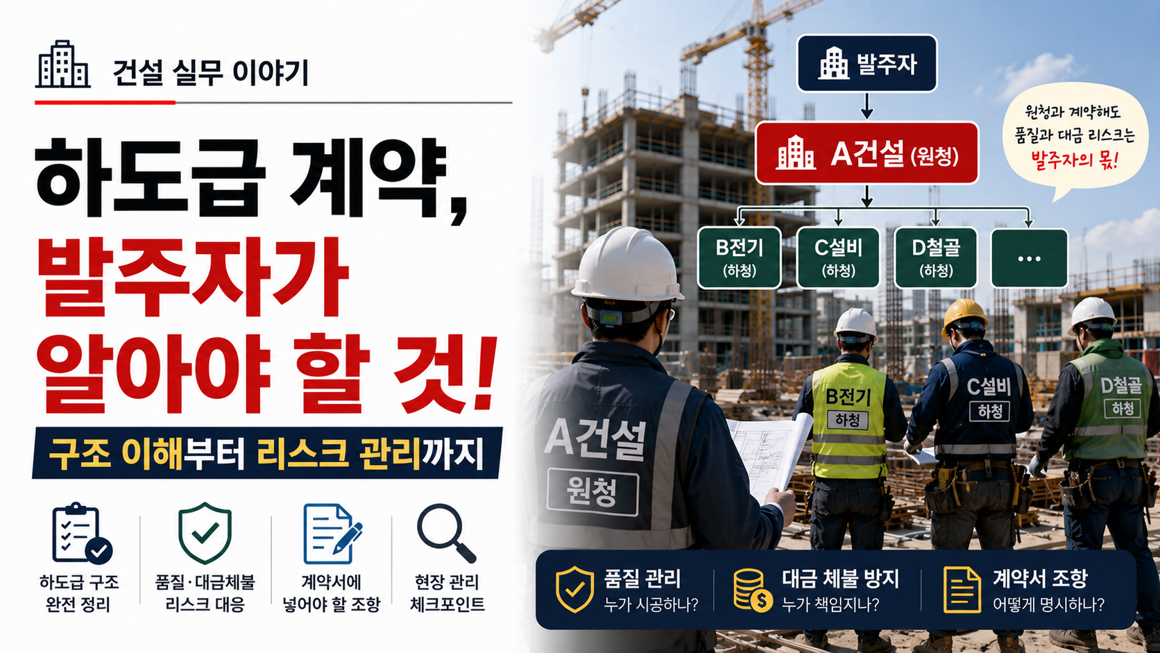 발주자가 알아야 할 건설 하도급 계약 구조와 리스크를 설명하는 이미지