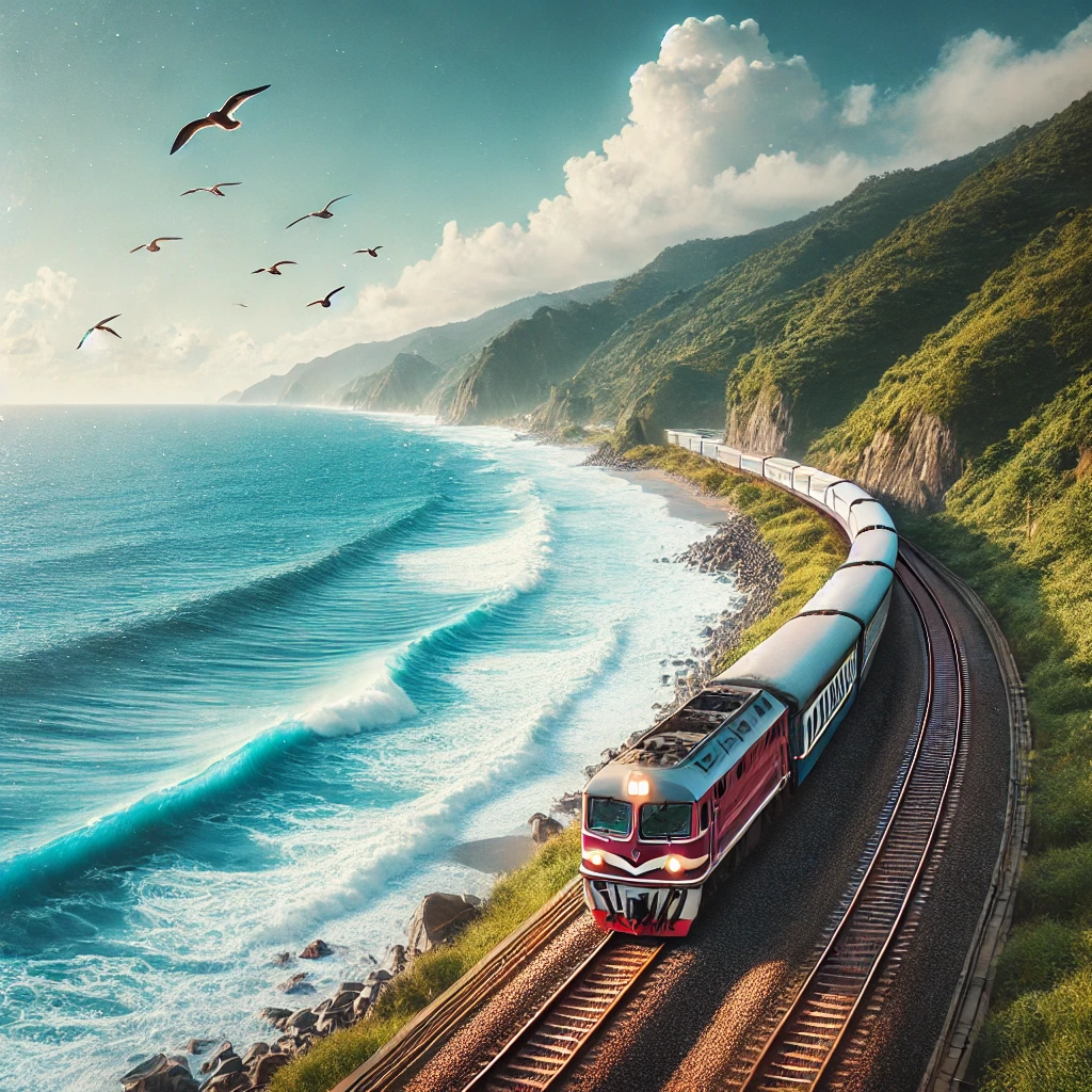 해안가를 지나가는 기차 사진