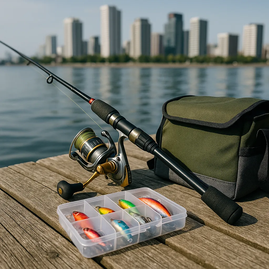 도심 인근 선착장에 정리된 낚시 장비 구성