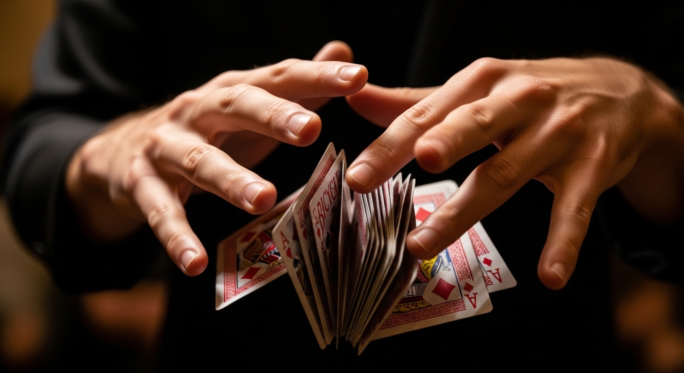 마술사가 손가락으로 카드를 정교하게 조작하는 클로즈업 장면.