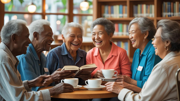 시니어들이 따뜻한 분위기의 북카페에서 커뮤니티 모임을 갖는 모습