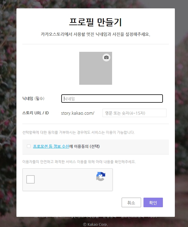 카카오 계정 로그인 및 프로필 설정 창