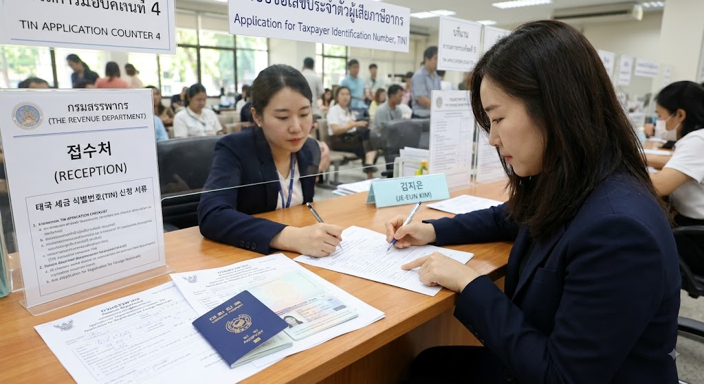 태국 세무서 접수 창구에서 민원인이 여권과 안내문을 확인하며 세금 식별번호(TIN) 발급 서식을 작성하고 담당 공무원의 안내를 받는 실무 현장 모습