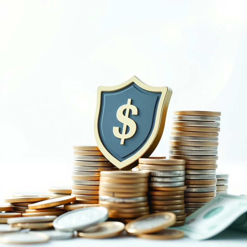 동전이나 지폐가 연금 상징물에 쌓여가며 재정적 안정을 보여주는 이미지. 밝고 희망적인 분위기.