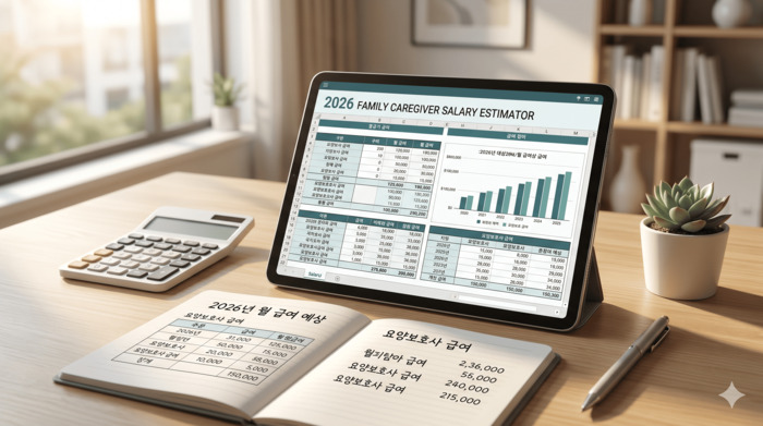 2026년 가족요양보호사 급여 태블릿과 계산기로 월 수령액을 계산하는 모습