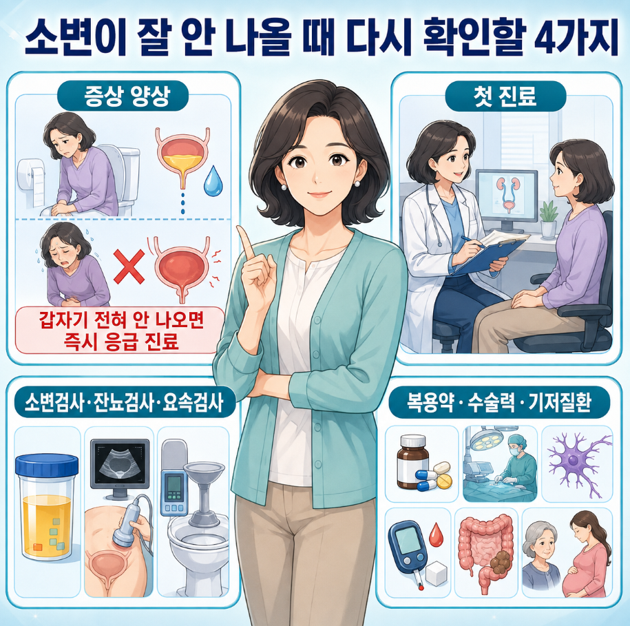 소변이 잘 안 나올 때 확인할 증상 양상과 첫 진료, 기본 검사 및 진료 관련 조건