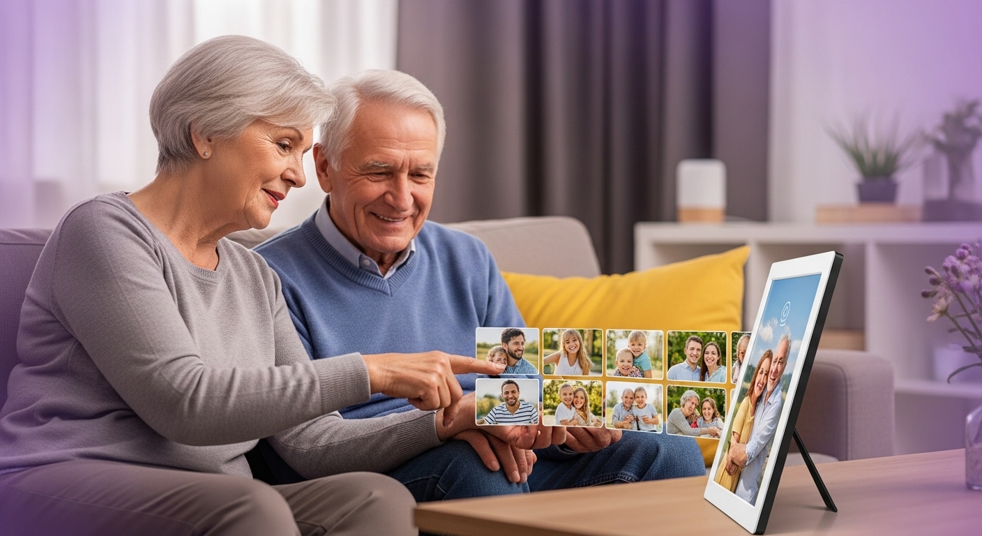 가족 사진이 담긴 디지털 액자를 보며 즐거워하는 노부부의 따뜻한 거실 풍경