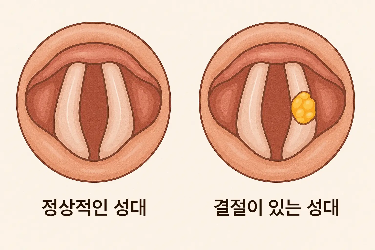 성대에 작은 결절이 생긴 해부학적 일러스트 – 정상 성대와 결절이 있는 성대를 비교한 이미지