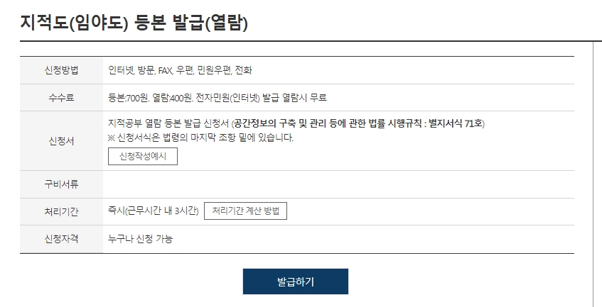 지적도 등본 발급 신청서 작성 화면