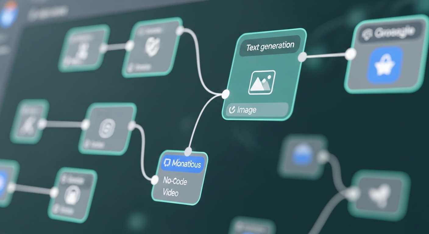 구글 오팔의 시각적 워크플로우 인터페이스. 텍스트, 이미지, 비디오 AI 모델 노드들이 연결되어 노코드 앱 제작 과정을 보여줍니다.