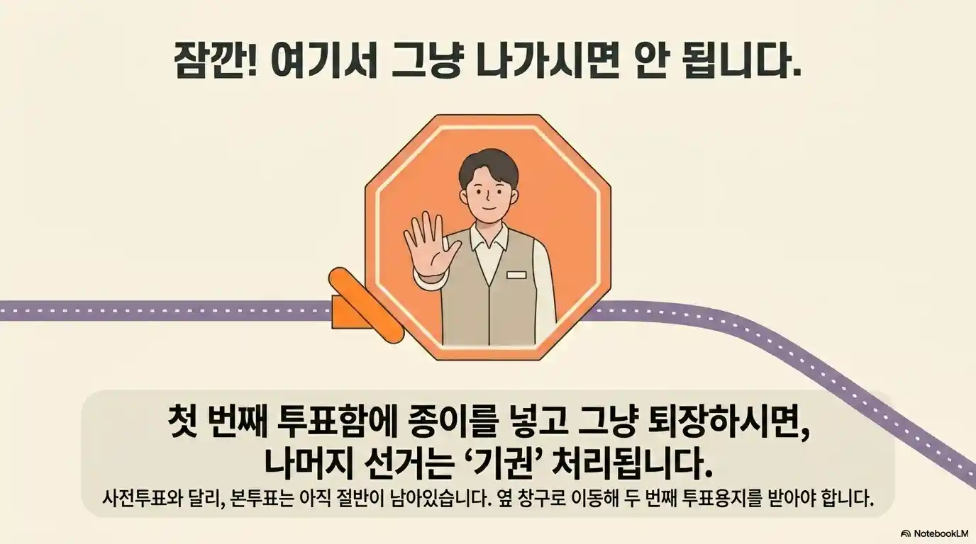 본투표 주의사항 - 첫 번째 투표함에 투표지 넣고 그냥 퇴장 시 나머지 선거 기권 처리됨, 반드시 옆 창구로 이동해 두 번째 투표용지 수령 필요