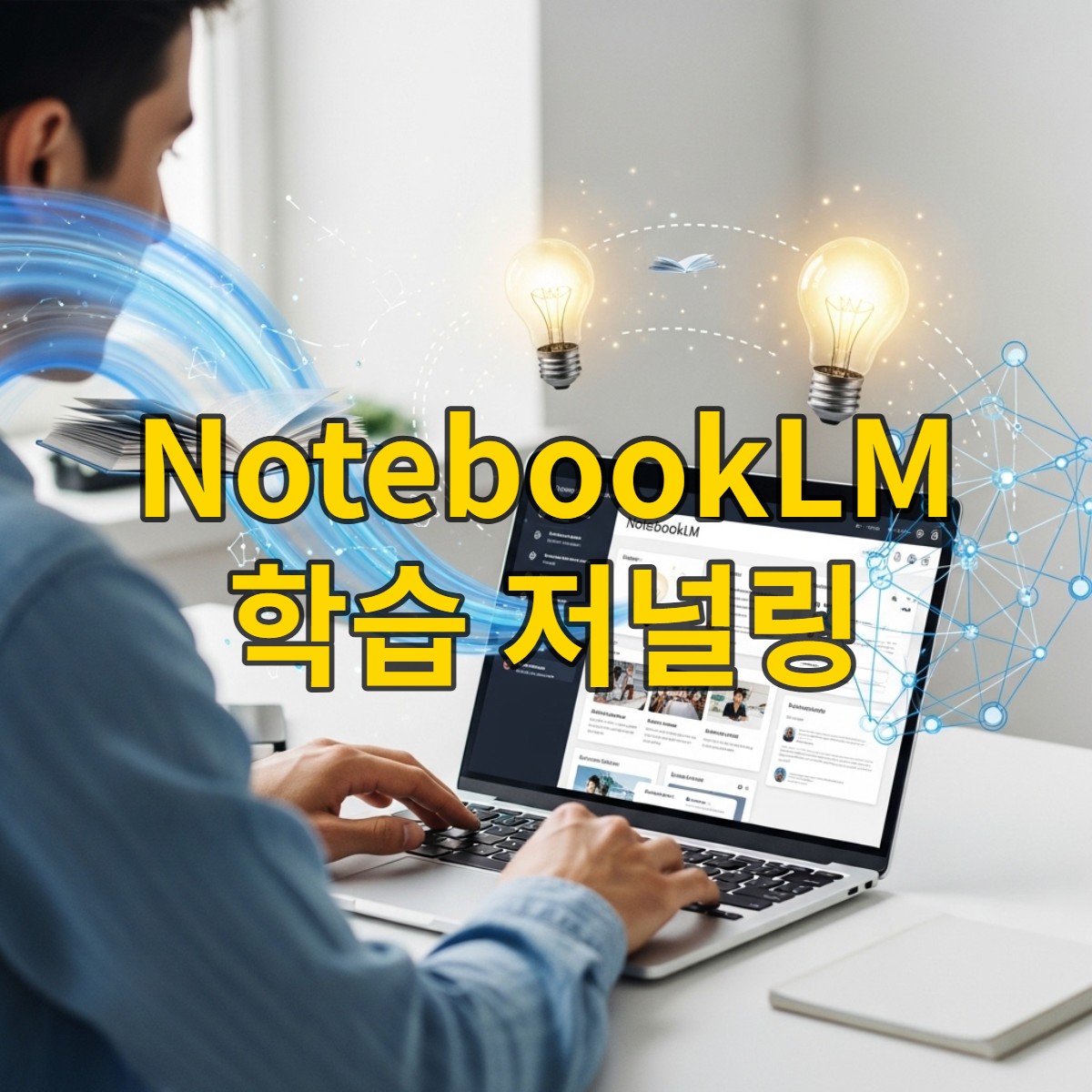 NotebookLM을 활용하여 지식을 정리하고 새로운 통찰력을 얻는 사람의 모습. 화면에는 디지털 학습 저널과 AI가 생성한 아이디어가 시각적으로 표시되어 있습니다.