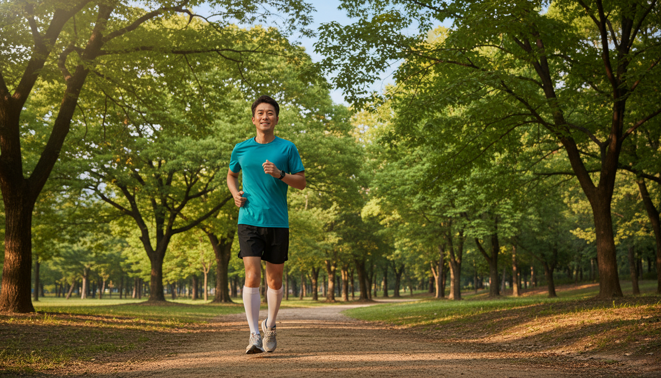 활기찬 아침 햇살 아래 공원에서 조깅하는 40대 또는 50대 한국인 남성