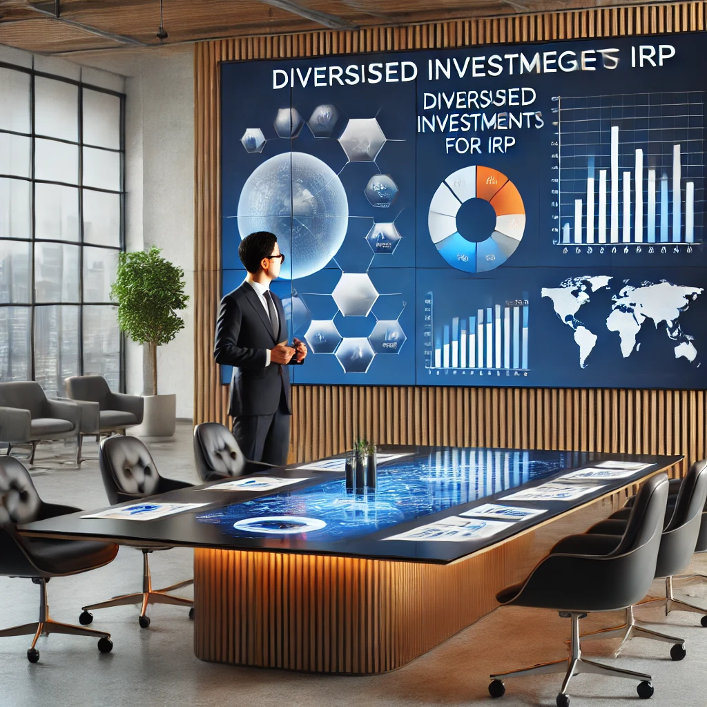 금융 상담사가 현대적인 사무실에서 IRP를 위한 분산 투자 전략을 발표하는 모습. 큰 화면에 원형 차트와 그래프가 표시되어 있으며&amp;#44; 협력적인 환경
