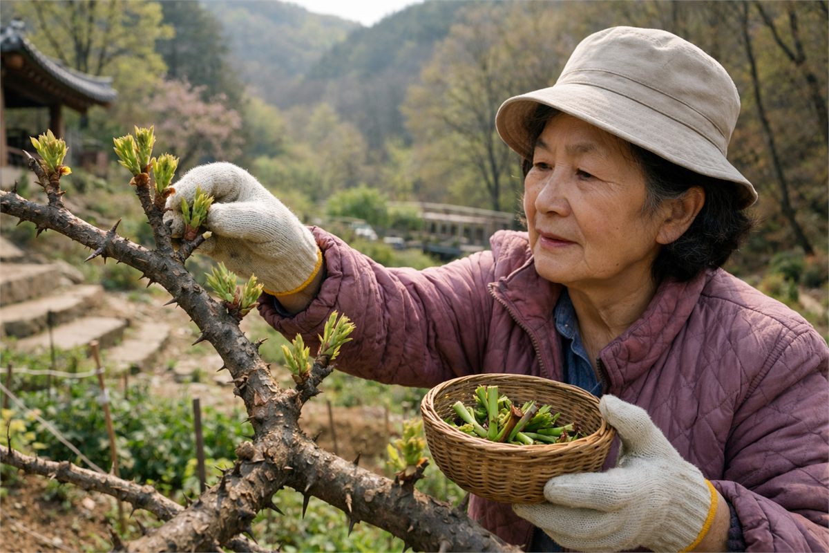 봄 산가에서 연한 엄나무순을 채취하는 한국인 여성의 모습