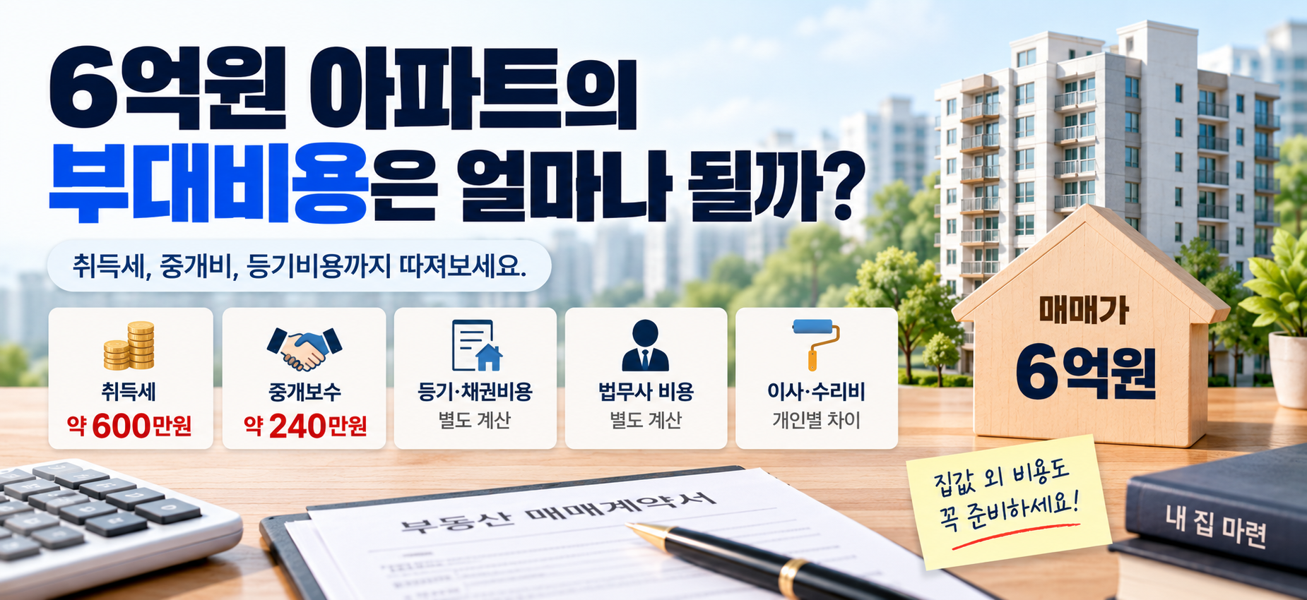 6억원 아파트 매수 시 취득세 중개보수 등 부대비용 설명 이미지
