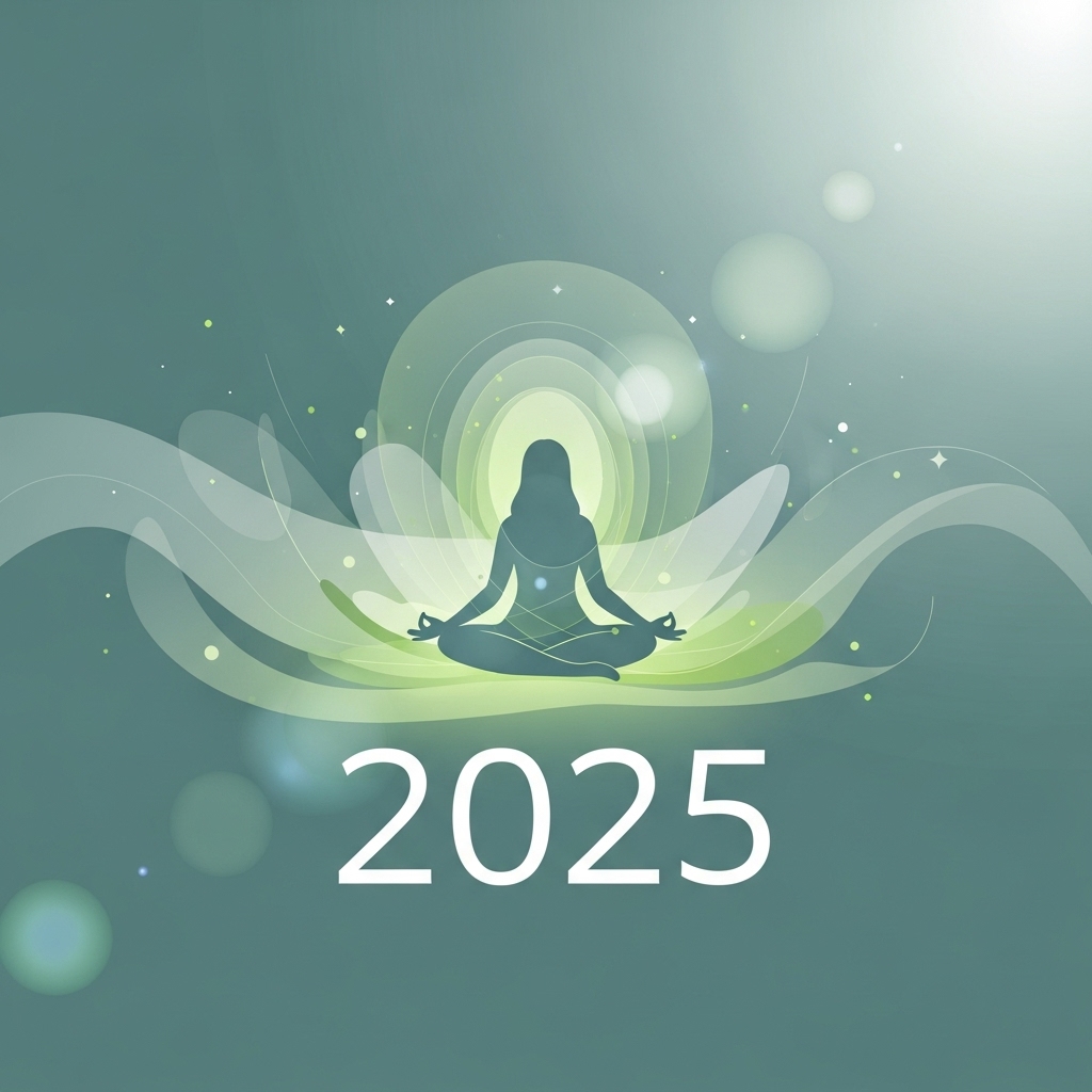 2025년 스트레스 해소와 집중력 향상을 위한 명상 가이드를 상징하는, 평화로운 연꽃 자세의 사람과 차분한 틸-그레이 계열의 추상적인 요소들이 어우러진 그림.