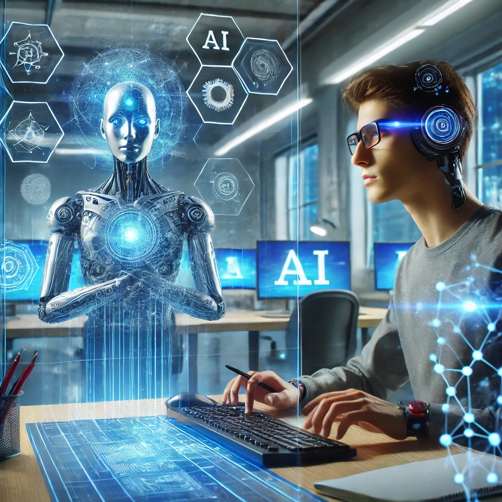 AI 알고리즘과 머신러닝 모델을 연구하는 미래형 대학 연구실의 컴퓨터 과학 학생.