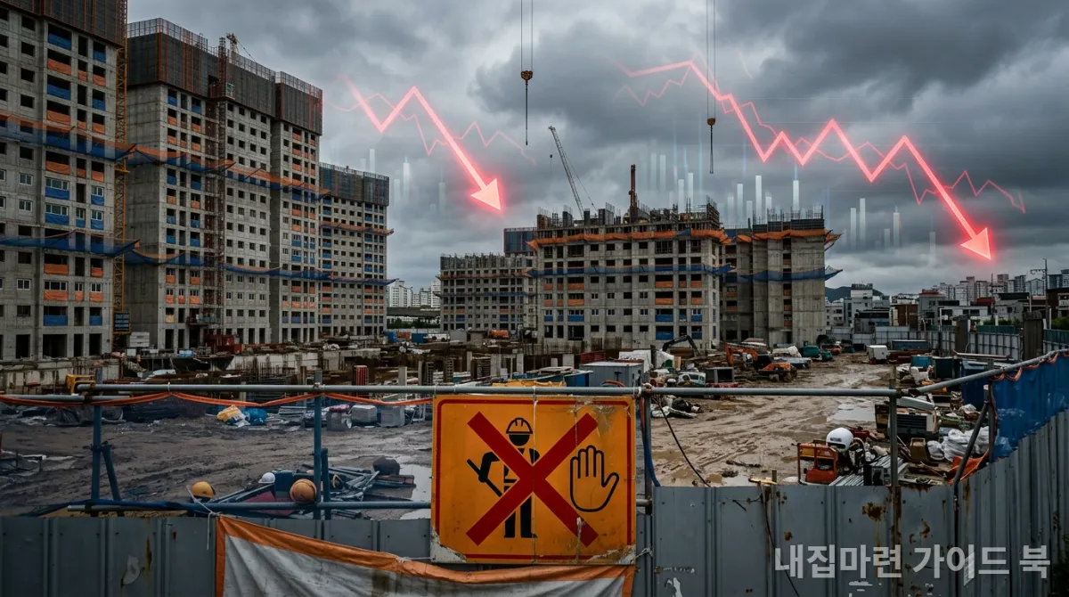 PF 부실로 인해 공사가 중단된 한국의 아파트 건설 현장