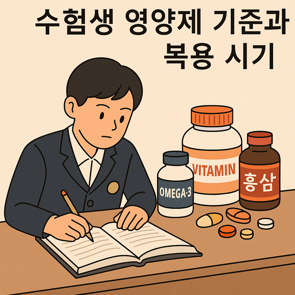 공부 중인 수험생과 영양제가 함께 표현된 일러스트