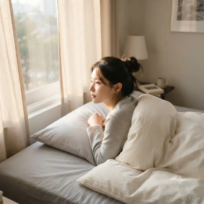 침대에 누워 창밖을 보는 사람