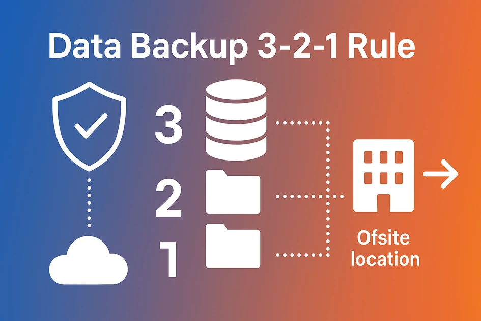 Data backup 3-2-1 rule visualization showing three copies on two different media types with one offsite backup for ransomware protection and disaster recovery