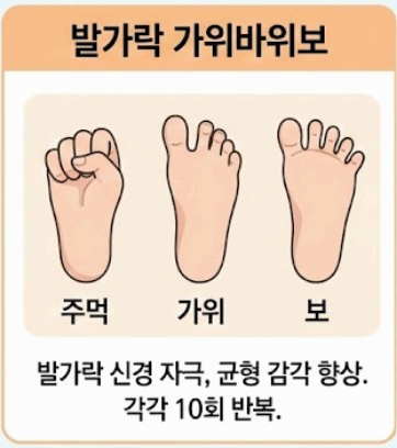 발가락을 쫙 펴고(보), 엄지만 세우고(가위), 꽉 쥐는(주먹) 이미지. 뇌 자극과 치매 예방에도 큰 도움이 됨.