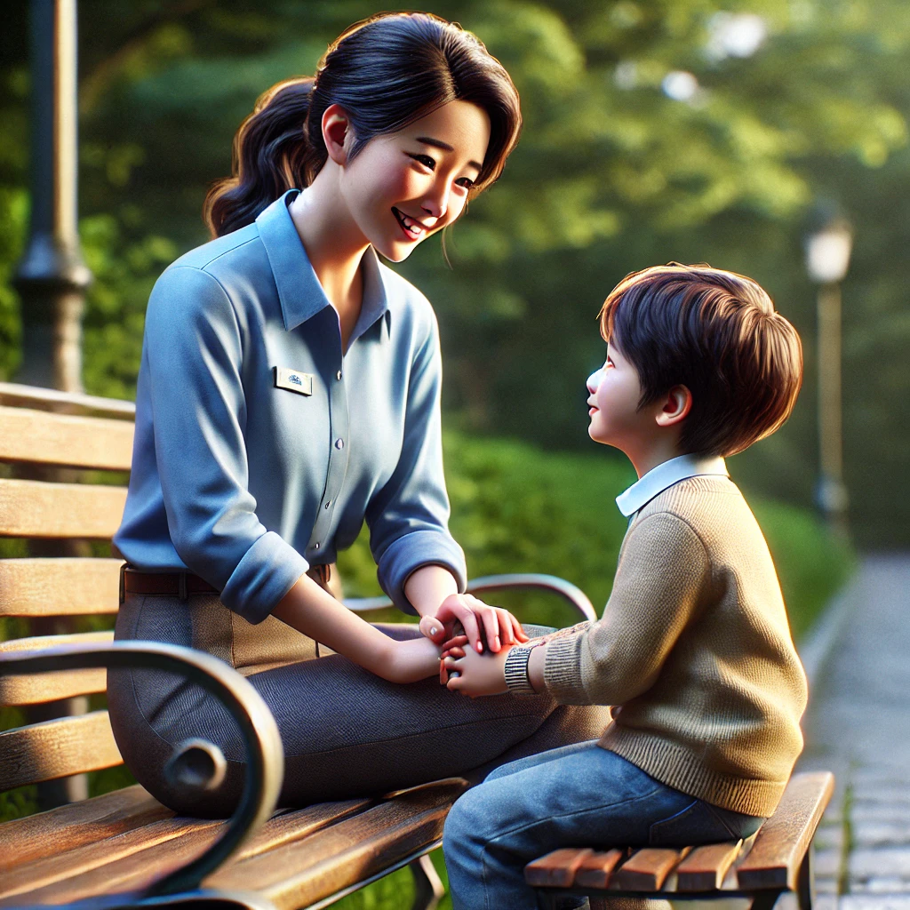 부모가 공원 벤치에 앉아 아이의 손을 잡고 진지하게 대화하는 장면. 부모는 따뜻한 미소로 아이를 격려하며 깊은 유대감을 형성함