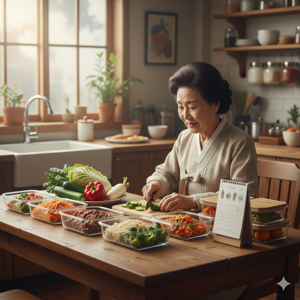 따뜻한 햇살이 비치는 전통적인 느낌의 주방에서 한복을 입은 할머니가 정성스럽게 오이를 손질하고 있어요. 식탁 위에는 깔끔하게 정리된 여러 개의 반찬 용기와 귀여운 일러스트가 그려진 탁상용 식단 달력이 배치되어 있어요.