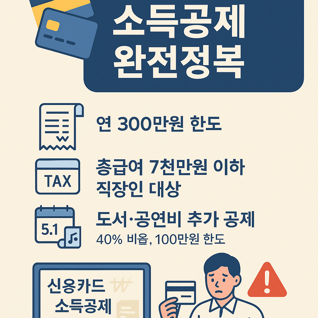 신용카드 소득공제 제도의 핵심 혜택을 정리한 인포그래픽 – 공제 한도, 적용 대상, 추가 공제 항목 등 시각적으로 설명한 이미지