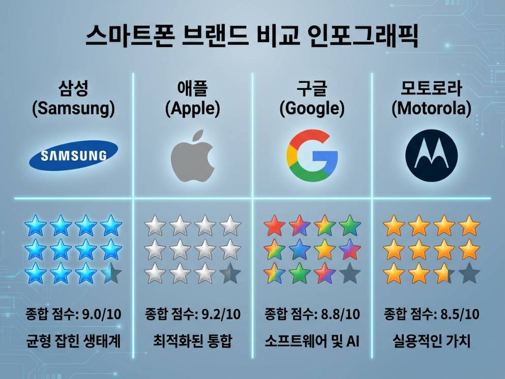 삼성&middot;애플&middot;구글&middot;모토로라 스마트폰이 나란히 놓인 비교 테이블 인포그래픽
