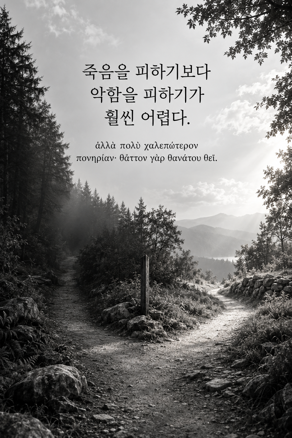 소크라테스 명언 14 &mdash; 죽음을 피하기보다 악함을 피하기가 훨씬 어렵다. &mdash; 밝은 길과 어두운 길이 갈라지는 숲