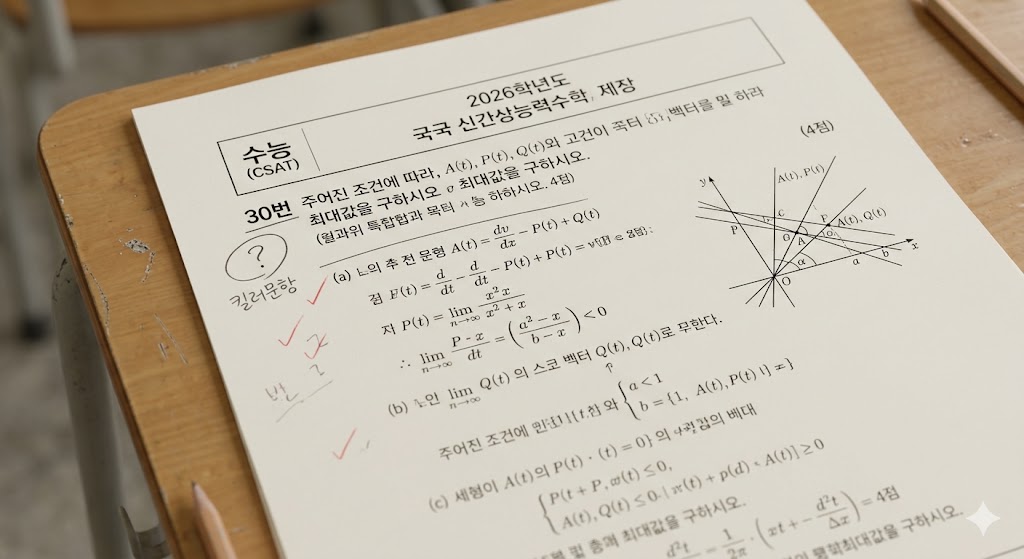 2026 수능 킬러문항 폐지 이후 준킬러 문항 대비와 수학 영역 출제 기조를 상징하는 시험지 이미지