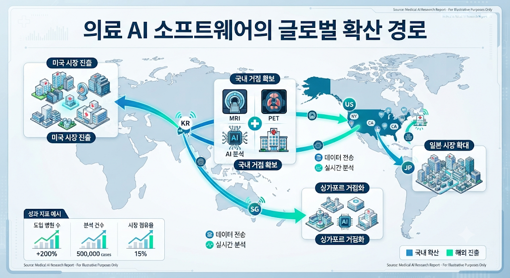 뉴로핏 의료AI 솔루션의 국내외 의료기관 도입 확대를 보여주는 개념도