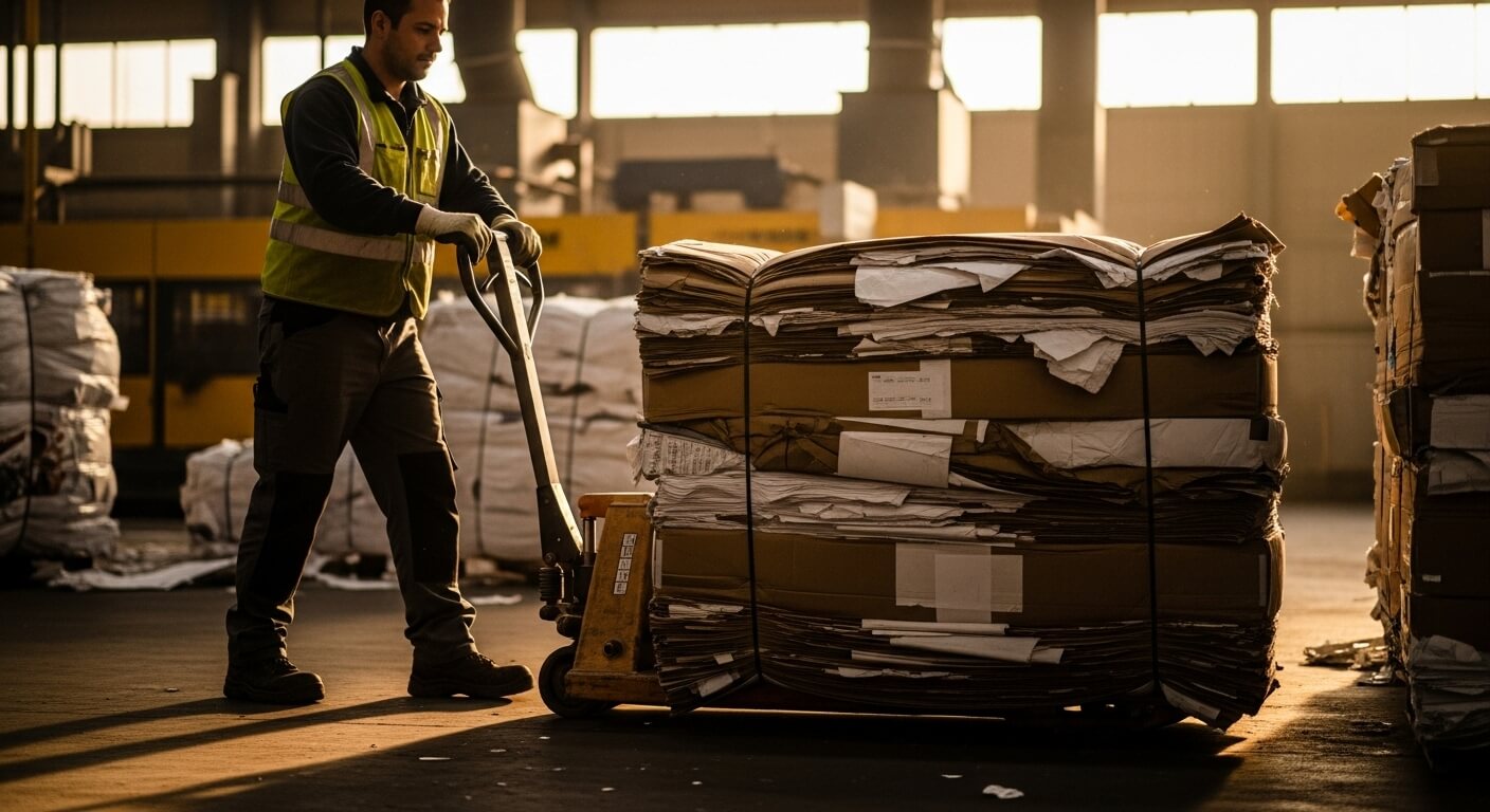 재활용 센터에서 지게차로 대량의 종이 묶음을 옮기는 장면