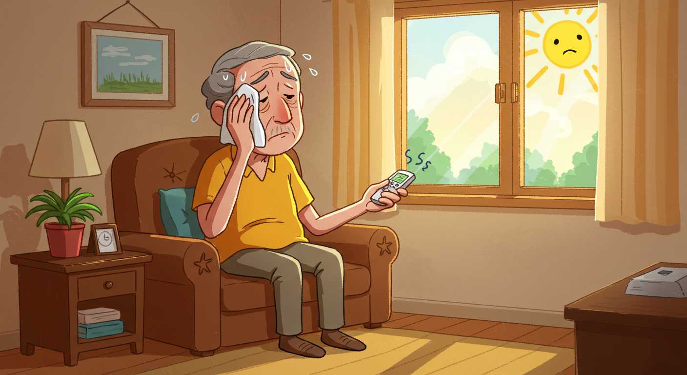 무더운 여름날 작은 거실에 앉아 있는 시니어가 손수건으로 이마의 땀을 닦으며, 에어컨 리모컨을 한 손에 든 채 전기세 걱정에 깊은 한숨을 내쉬는 모습
